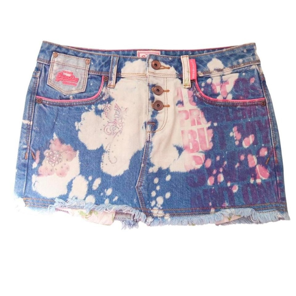 superdry acid wash denim mini skirt graphic y2k grunge‎